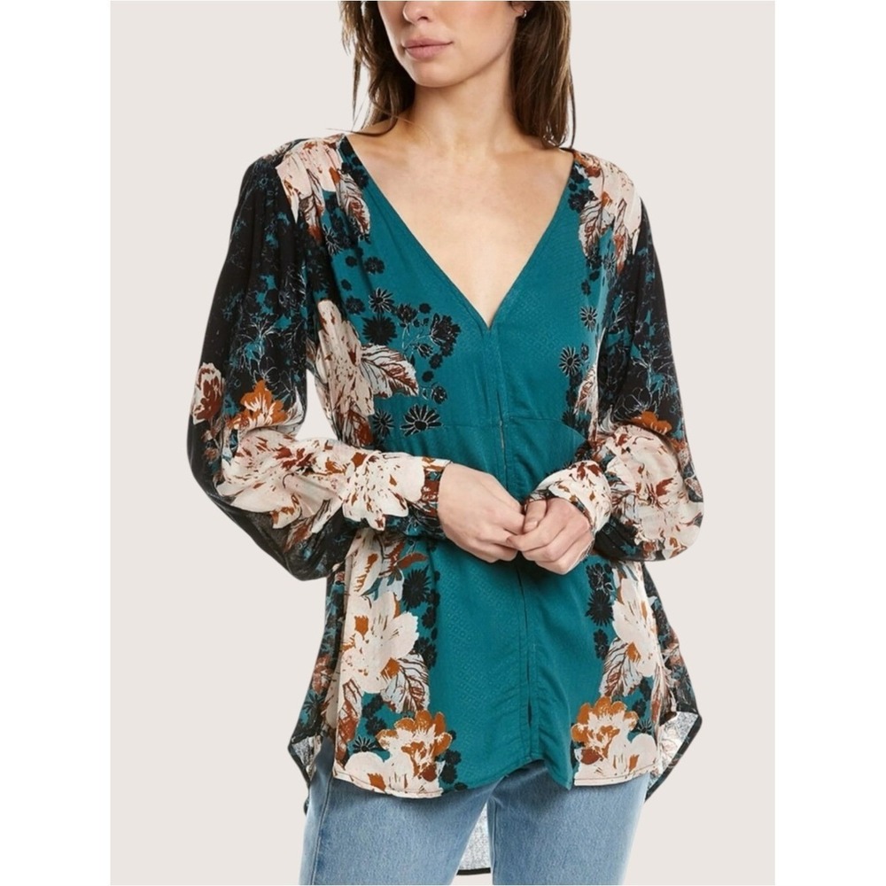 Free People Mikayla Floral Boho Whimsigoth Cottage Tunic Blouse S Balloon Sleeve